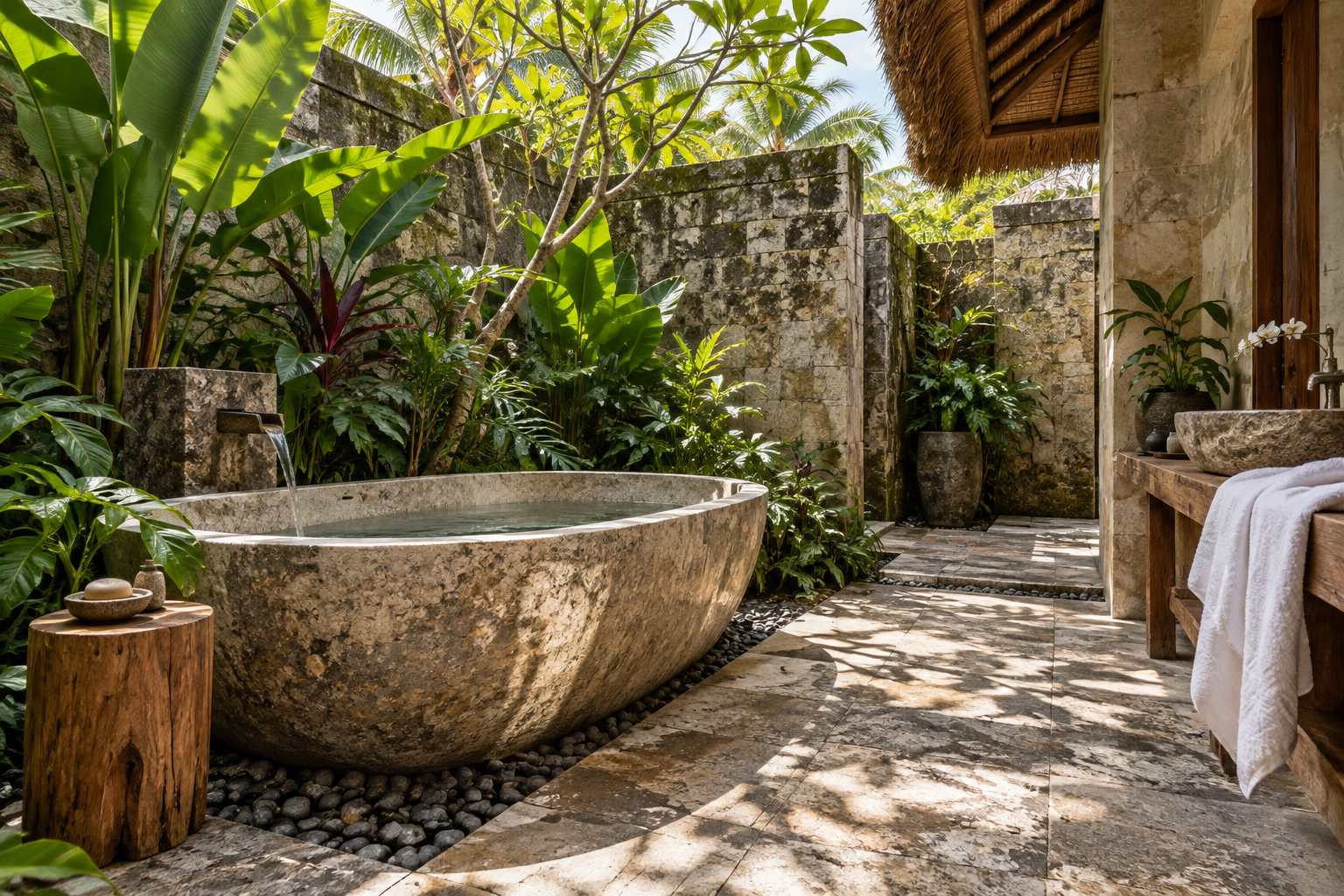 Bathroom with stone basin and rain shower