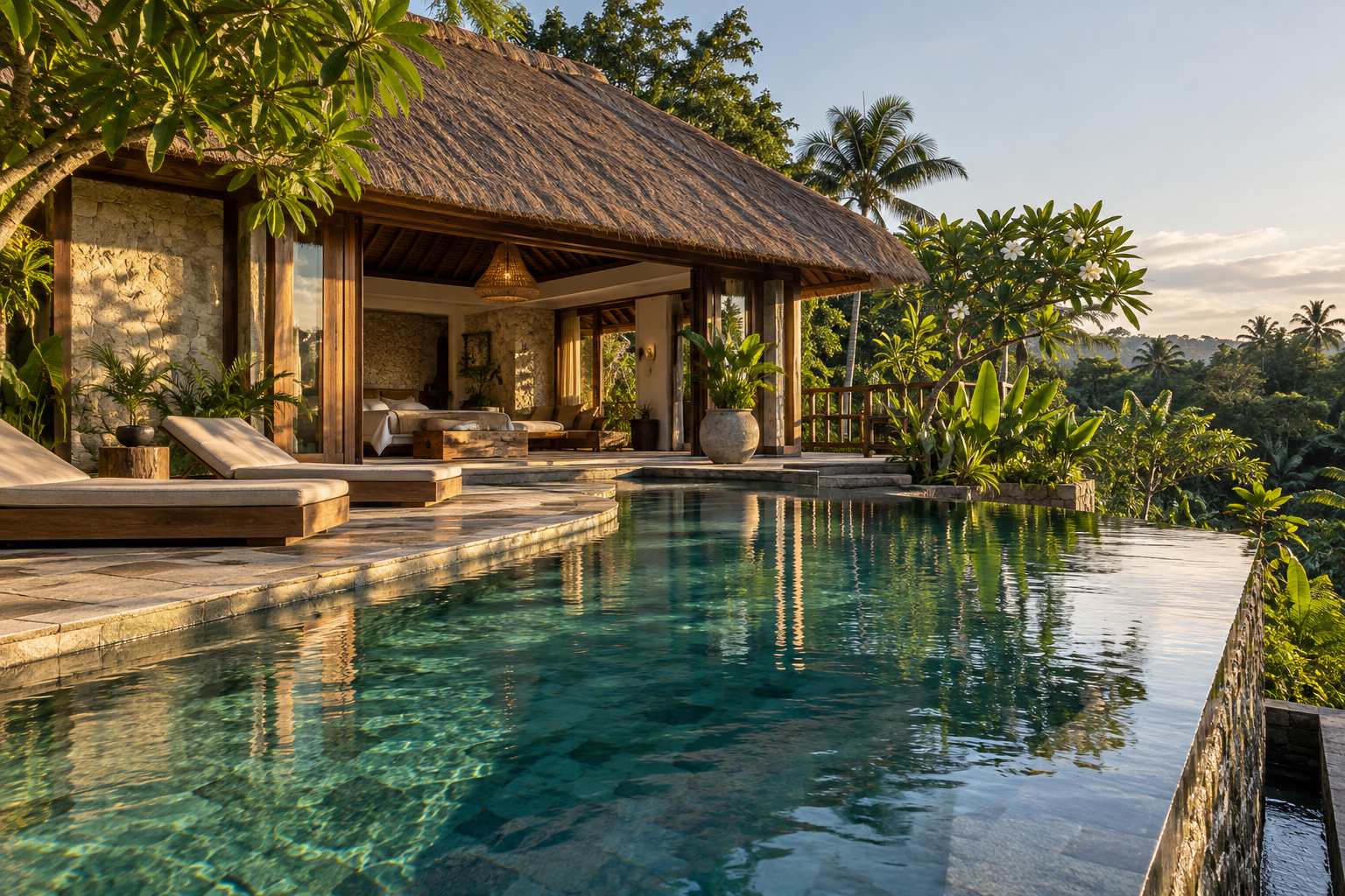 The private pool at Villa Alang with the rice terrace behind it