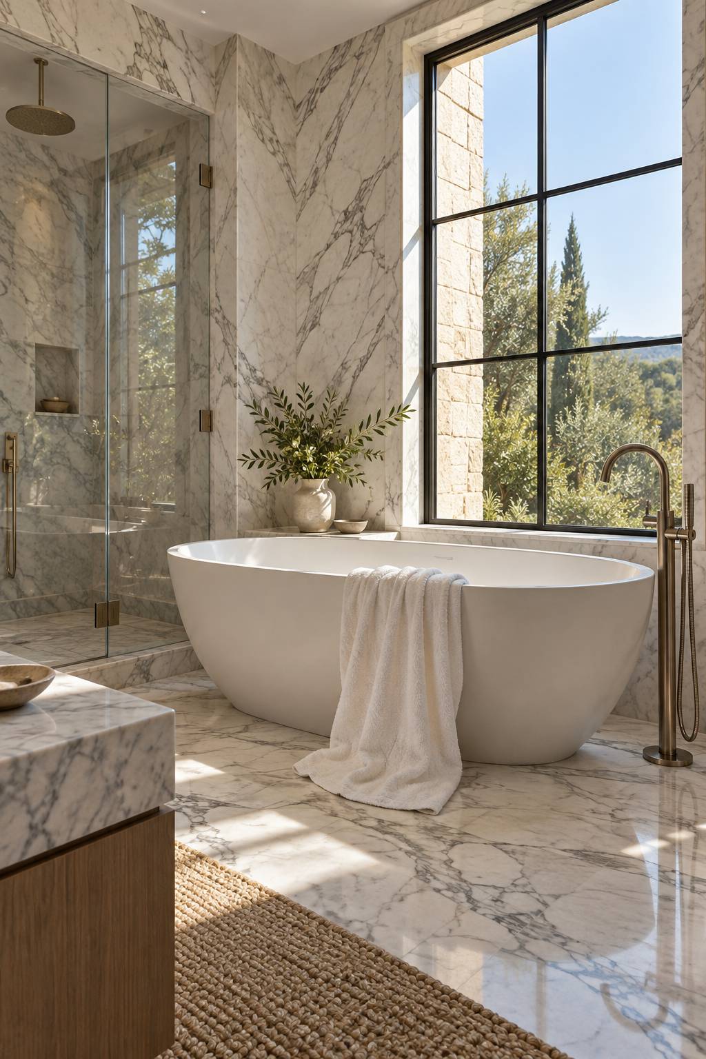 Bathroom with a freestanding tub and window