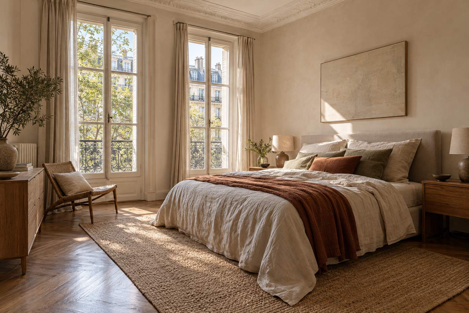 Bedroom with a made bed and side tables