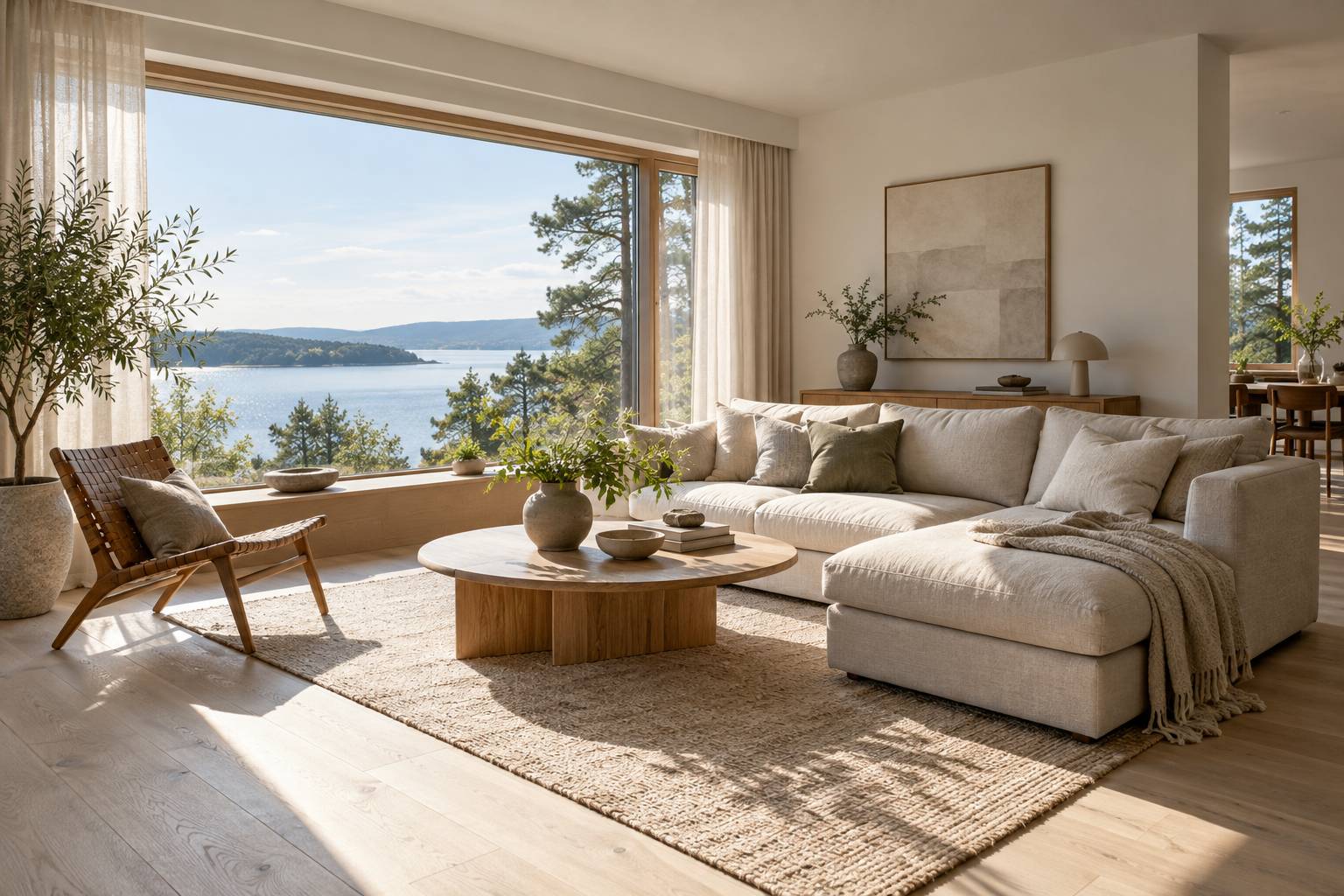 Bright living room with a sofa and tall windows