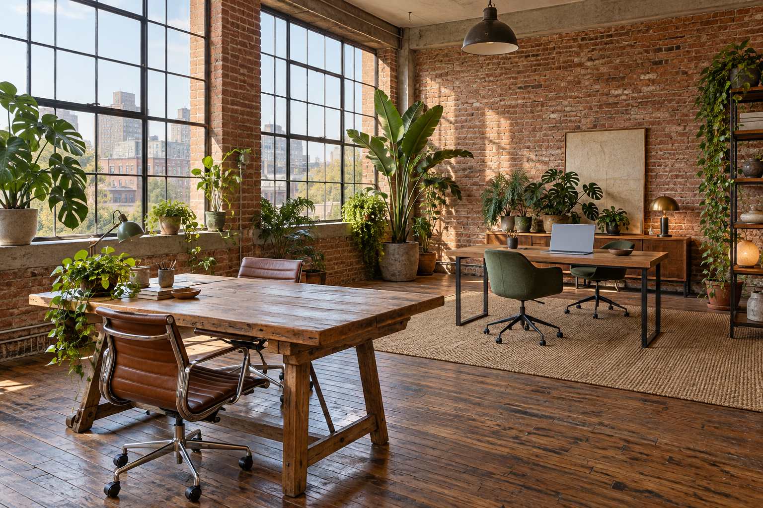 Office with a long desk and shelves
