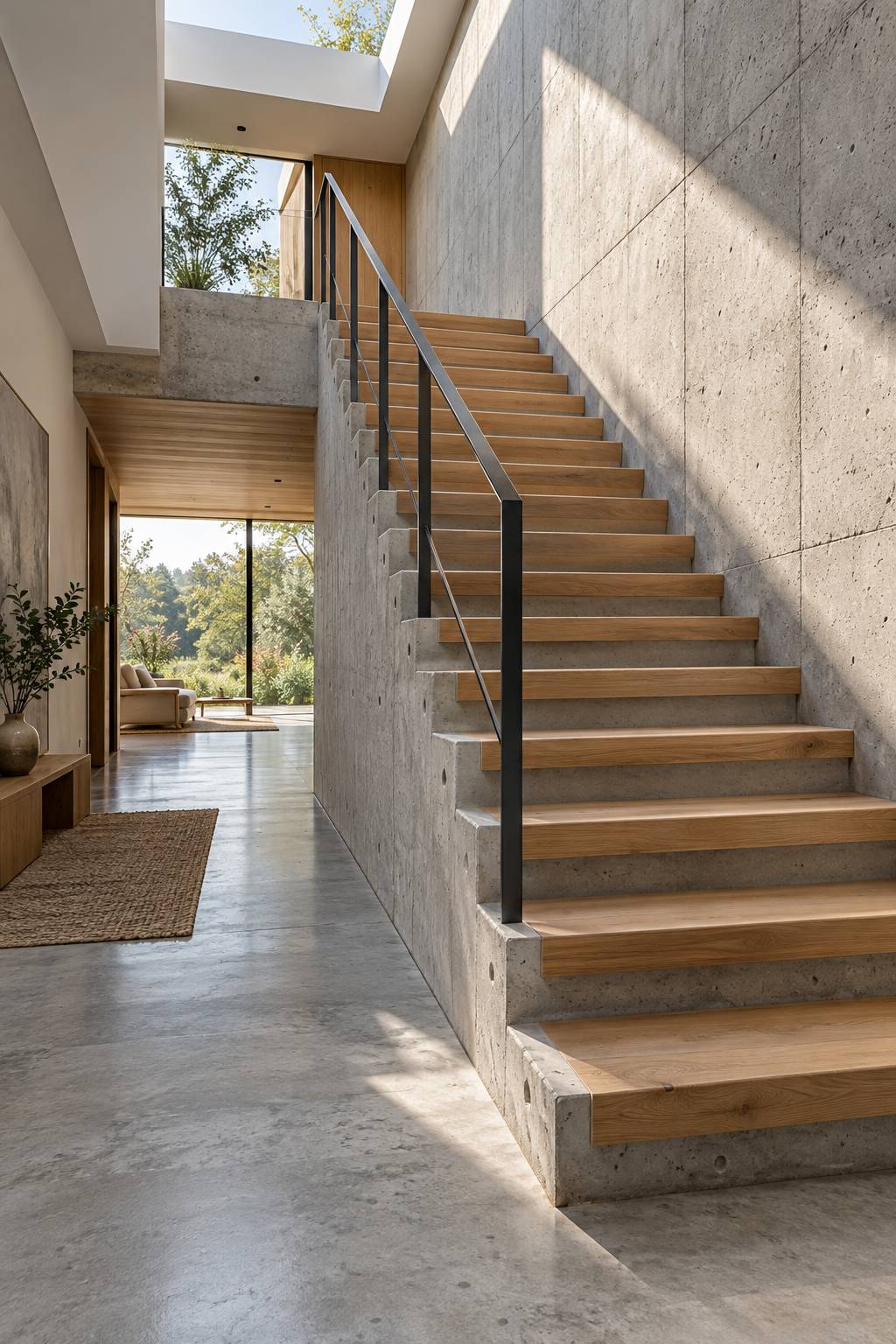Wooden staircase with a landing window