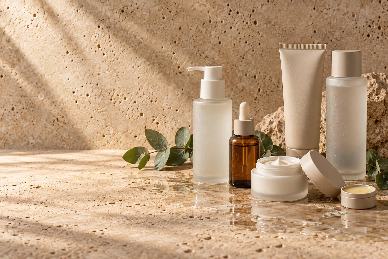 Six Sola Skin bottles and jars arranged on a grey stone surface